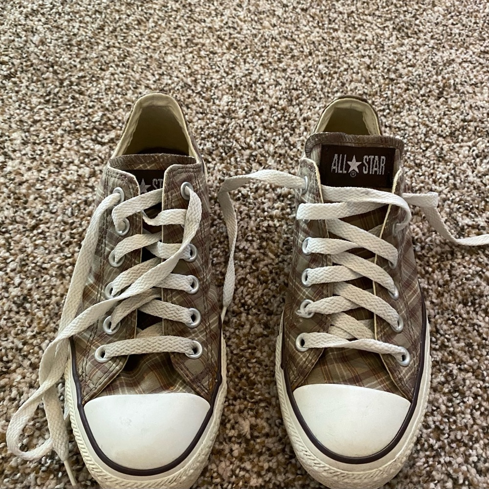 Converse sneakers, brown plaid, size 7 women’s or 5 men’s